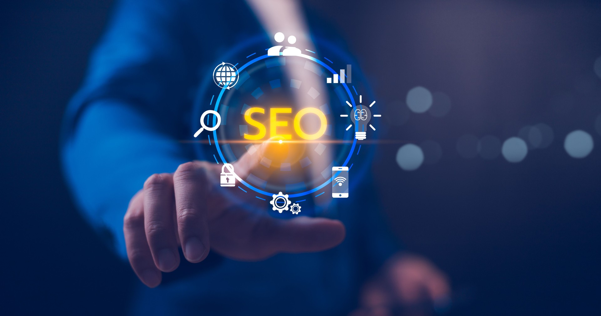 SEO Search engine optimisation digital marketing business technology concept. Hand pointing SEO tools. Dominating search engine rankings through strategic optimization techniques, digital marketing.